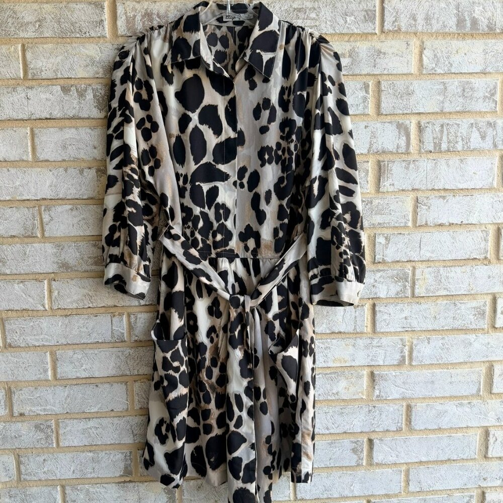 Eliza J 3/4 Sleeve Half Button Belted Animal Print Dress Women's Size 10
